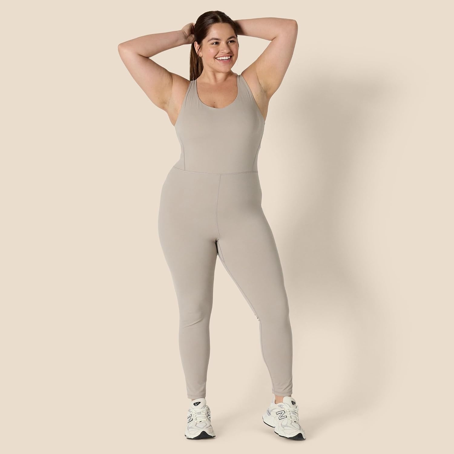 image:imageAmazon Essentials Womens Active Formflex Buttery Soft One Piece Full Length Workout Jumpsuit with BuiltIn BraTaupe