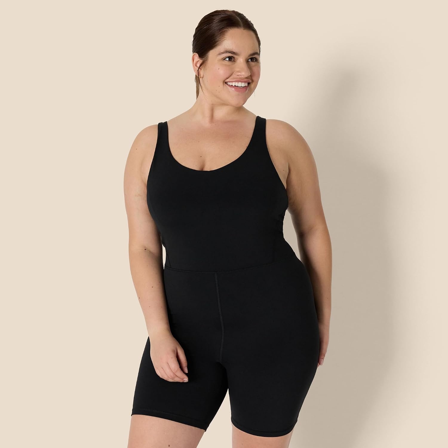 image:imageAmazon Essentials Womens Active Formflex Buttery Soft One Piece Shorts Romper Jumpsuit with BuiltIn BraBlack