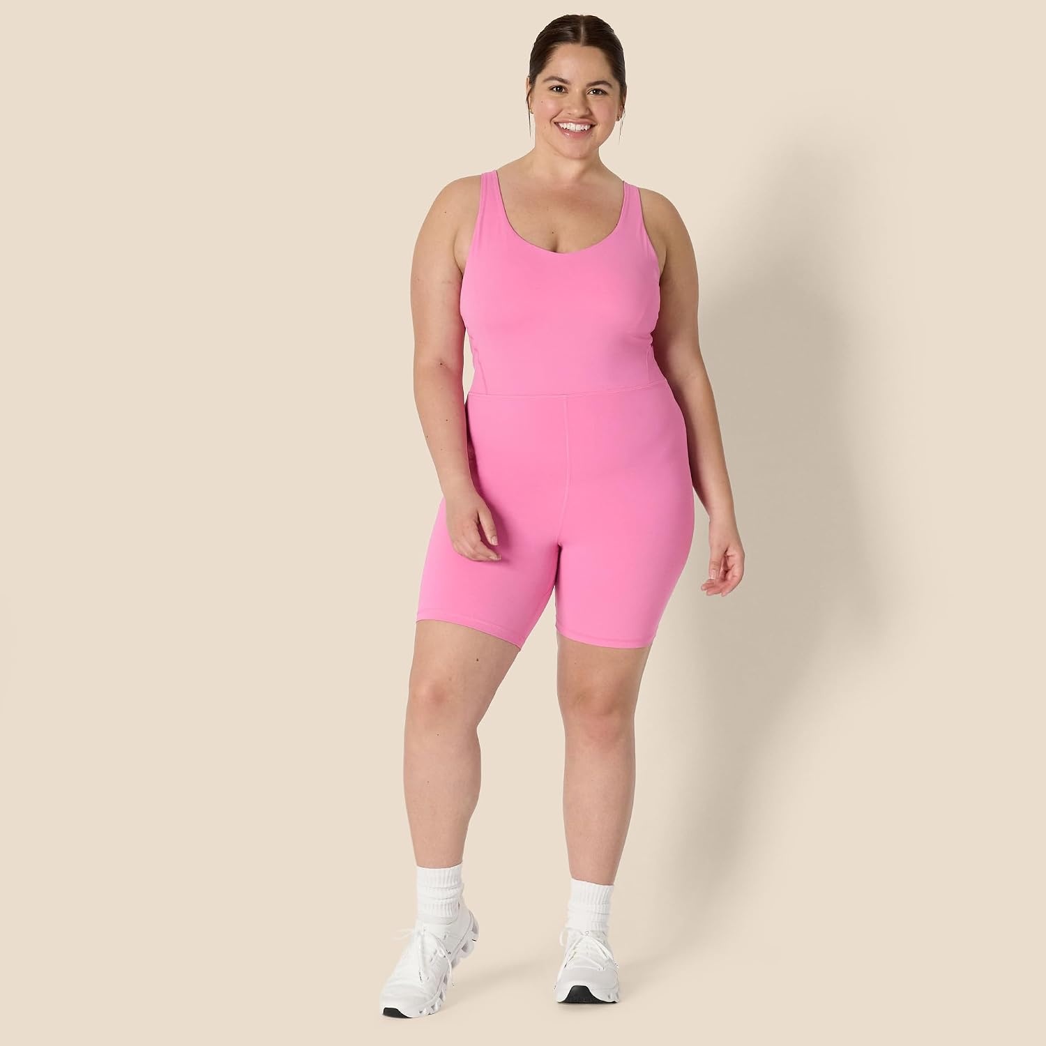 image:imageAmazon Essentials Womens Active Formflex Buttery Soft One Piece Shorts Romper Jumpsuit with BuiltIn BraPink