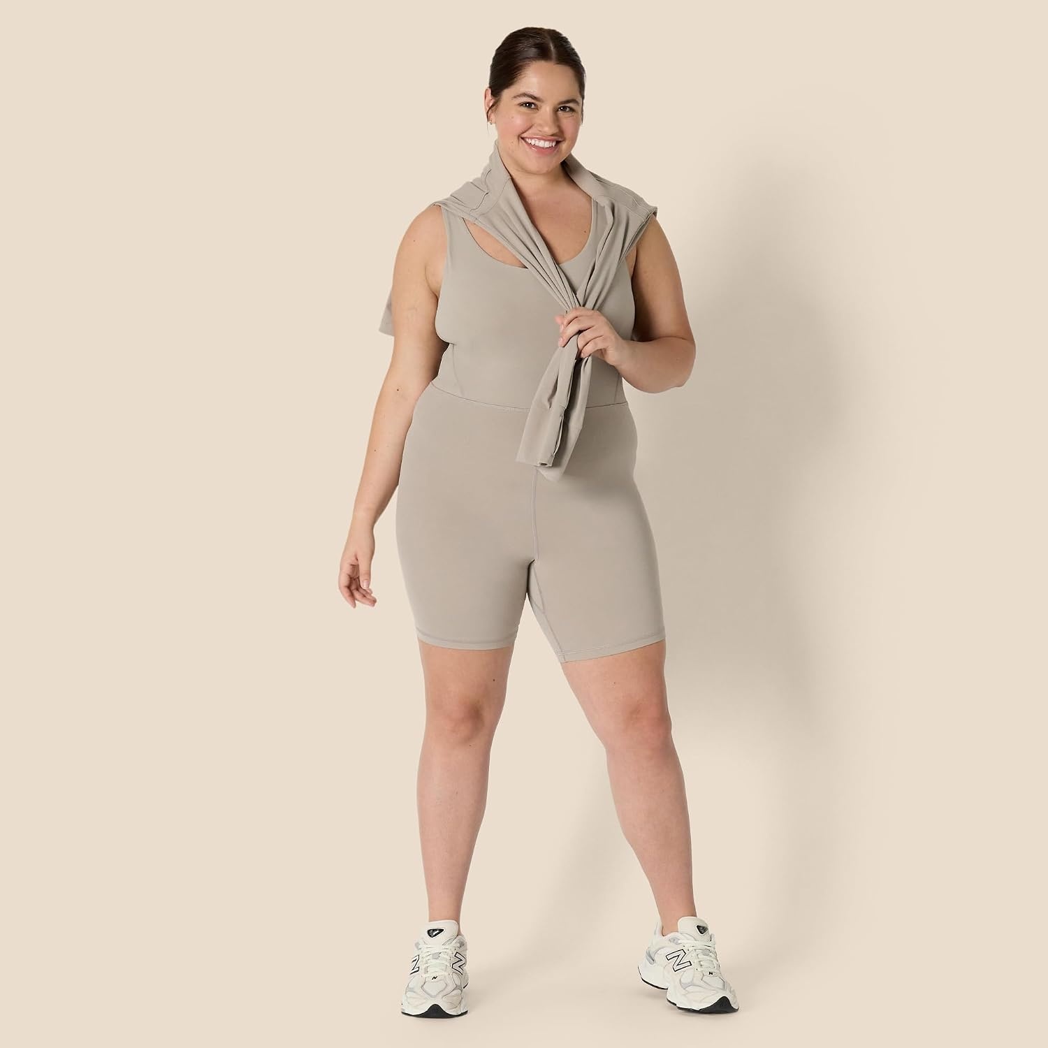 image:imageAmazon Essentials Womens Active Formflex Buttery Soft One Piece Shorts Romper Jumpsuit with BuiltIn BraTaupe