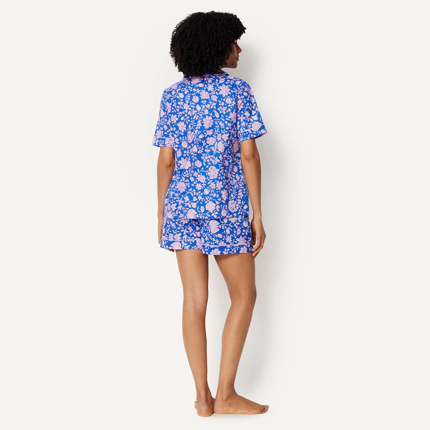 image:imageAmazon Essentials Womens Cotton Stretch Poplin Pajama Set Short Sleeve ButtonDown with ShortsBlue Paisley Floral