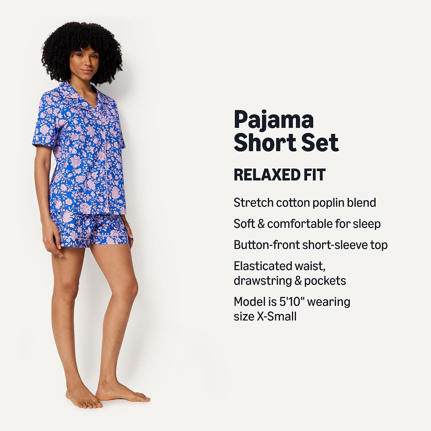 image:imageAmazon Essentials Womens Cotton Stretch Poplin Pajama Set Short Sleeve ButtonDown with ShortsBlue Paisley Floral