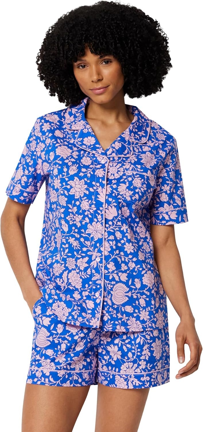image:imageAmazon Essentials Womens Cotton Stretch Poplin Pajama Set Short Sleeve ButtonDown with ShortsBlue Paisley Floral