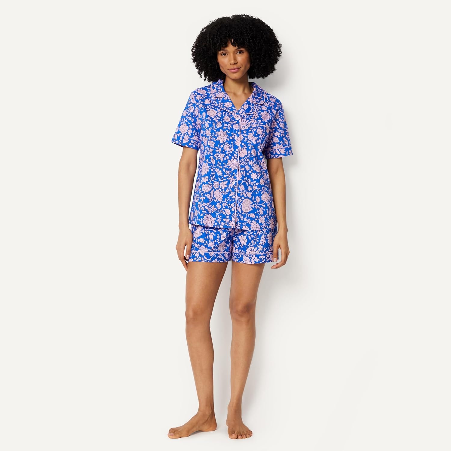 image:imageAmazon Essentials Womens Cotton Stretch Poplin Pajama Set Short Sleeve ButtonDown with ShortsBlue Paisley Floral