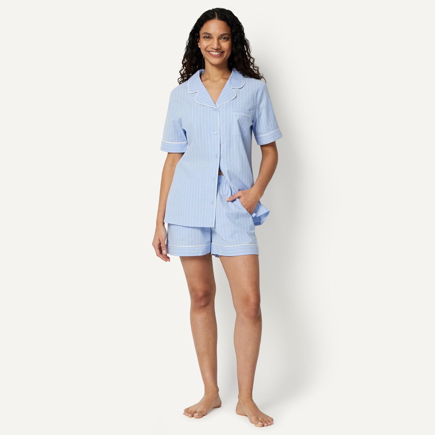 image:imageAmazon Essentials Womens Cotton Stretch Poplin Pajama Set Short Sleeve ButtonDown with ShortsBlue Pinstripe