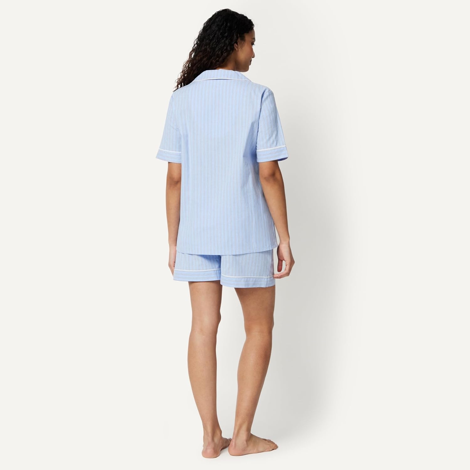 image:imageAmazon Essentials Womens Cotton Stretch Poplin Pajama Set Short Sleeve ButtonDown with ShortsBlue Pinstripe