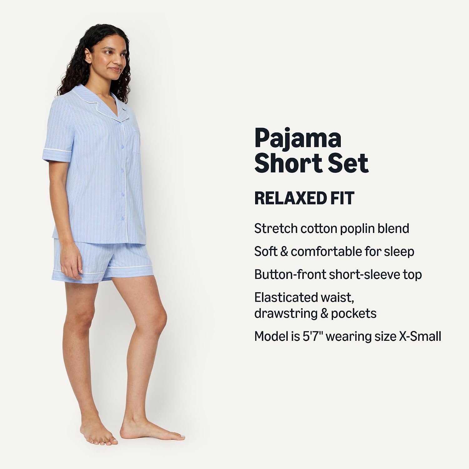 image:imageAmazon Essentials Womens Cotton Stretch Poplin Pajama Set Short Sleeve ButtonDown with ShortsBlue Pinstripe