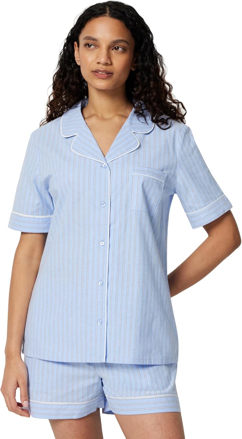 image:imageAmazon Essentials Womens Cotton Stretch Poplin Pajama Set Short Sleeve ButtonDown with ShortsBlue Pinstripe