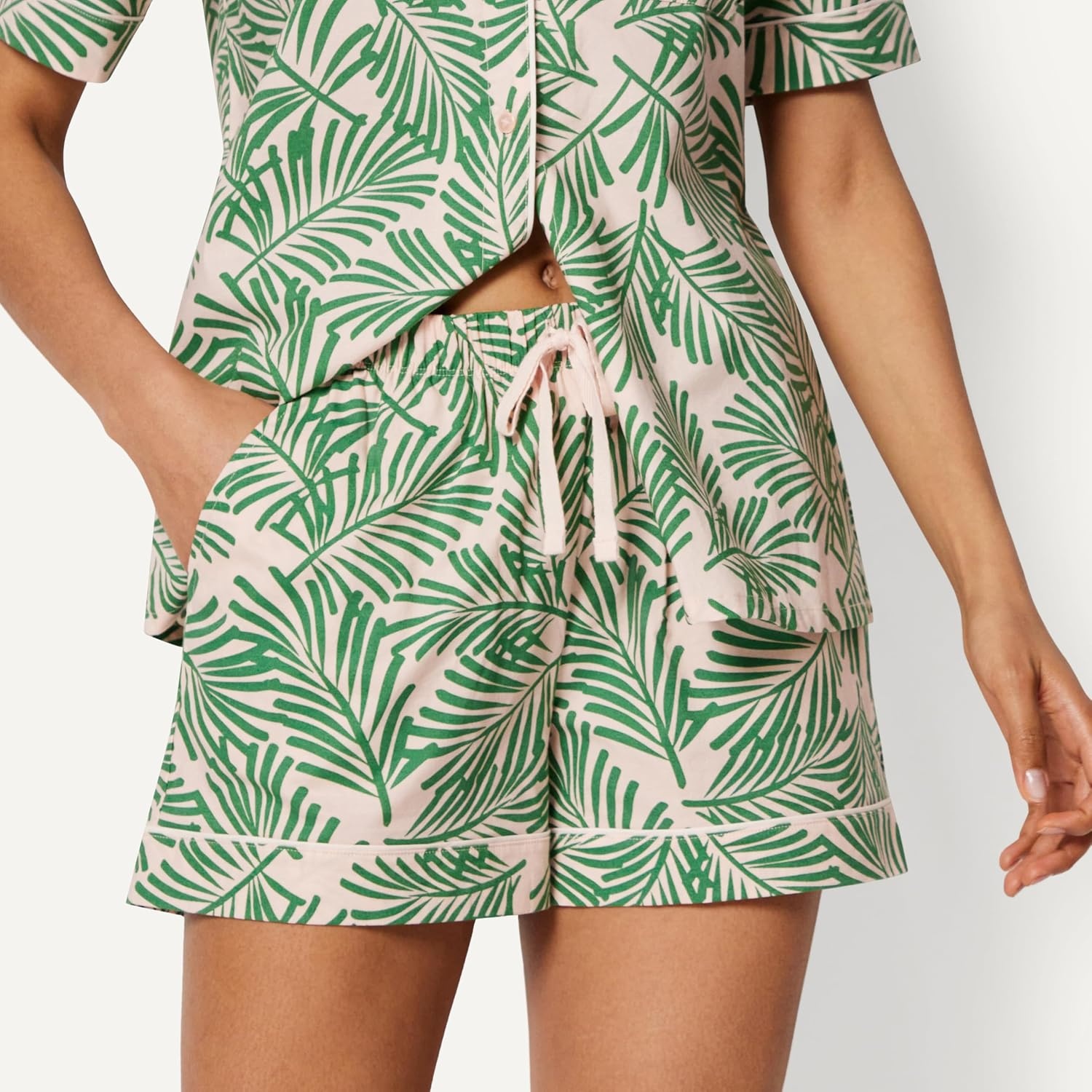image:imageAmazon Essentials Womens Cotton Stretch Poplin Pajama Set Short Sleeve ButtonDown with ShortsLight Pink Palm Leaves
