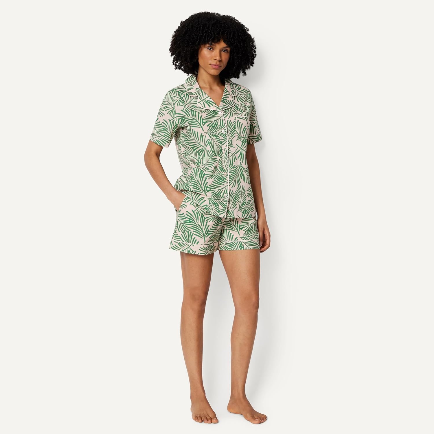 image:imageAmazon Essentials Womens Cotton Stretch Poplin Pajama Set Short Sleeve ButtonDown with ShortsLight Pink Palm Leaves