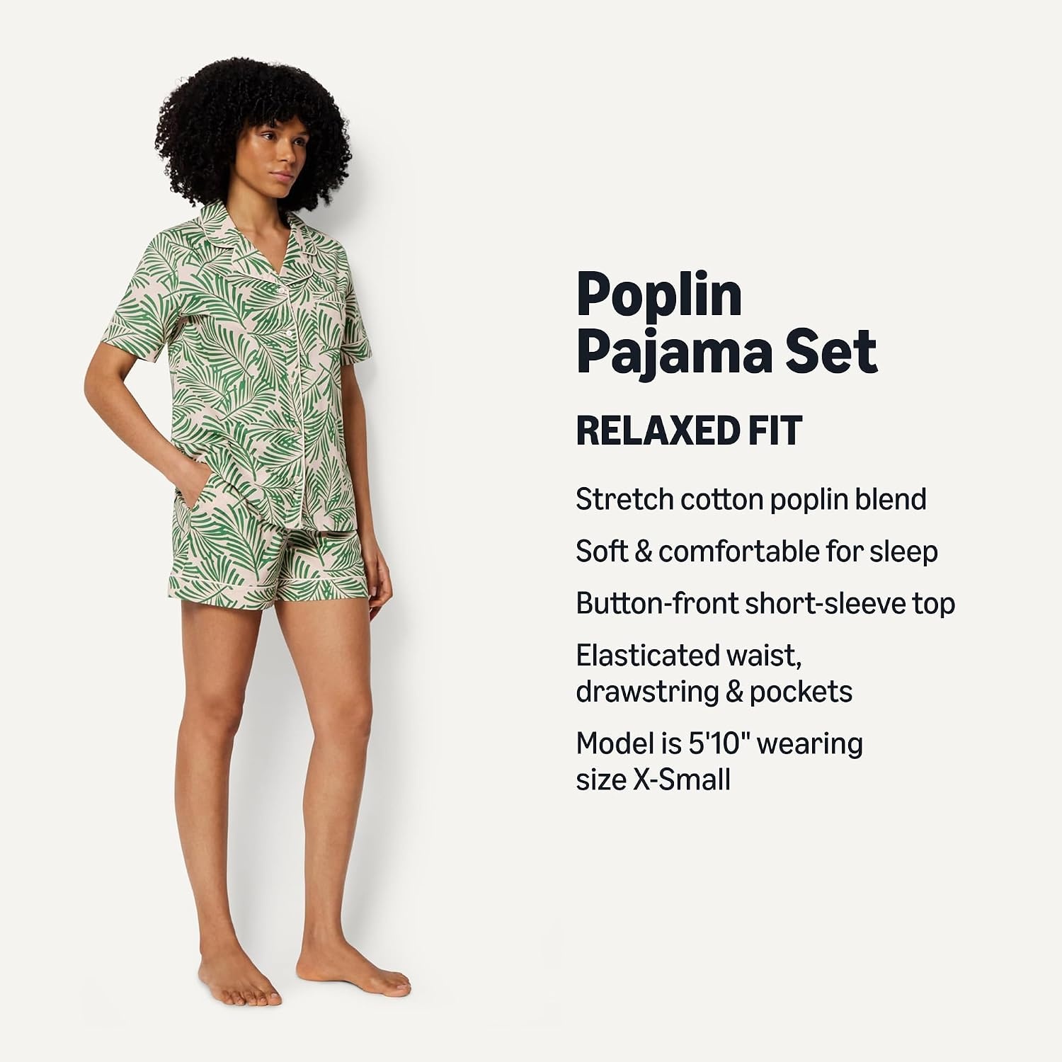 image:imageAmazon Essentials Womens Cotton Stretch Poplin Pajama Set Short Sleeve ButtonDown with ShortsLight Pink Palm Leaves