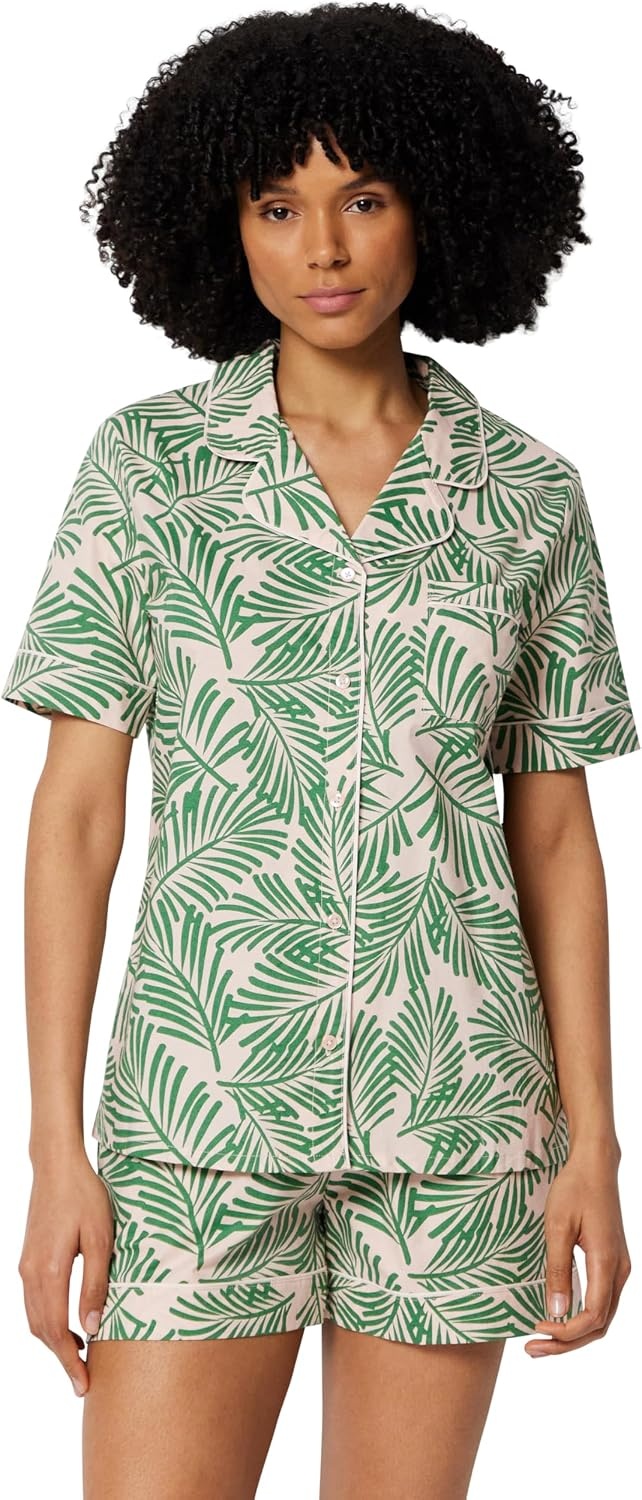 image:imageAmazon Essentials Womens Cotton Stretch Poplin Pajama Set Short Sleeve ButtonDown with ShortsLight Pink Palm Leaves