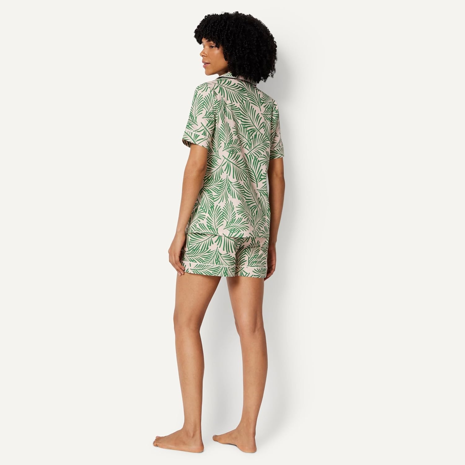 image:imageAmazon Essentials Womens Cotton Stretch Poplin Pajama Set Short Sleeve ButtonDown with ShortsLight Pink Palm Leaves