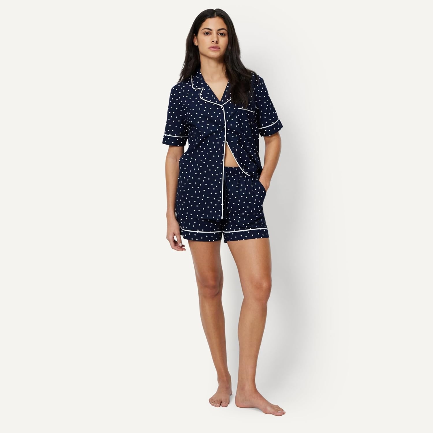 image:imageAmazon Essentials Womens Cotton Stretch Poplin Pajama Set Short Sleeve ButtonDown with ShortsNavy Ivory Dot