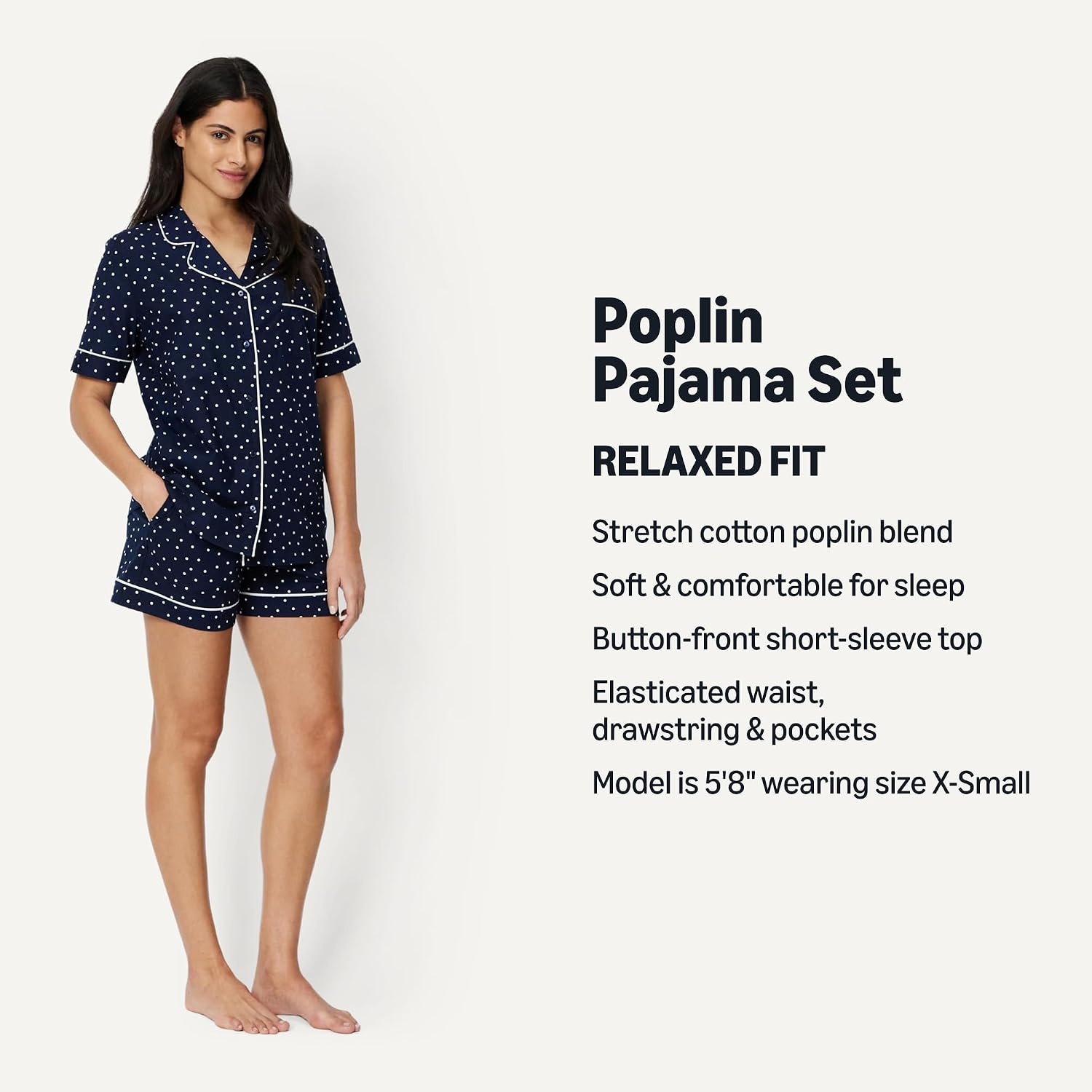 image:imageAmazon Essentials Womens Cotton Stretch Poplin Pajama Set Short Sleeve ButtonDown with ShortsNavy Ivory Dot