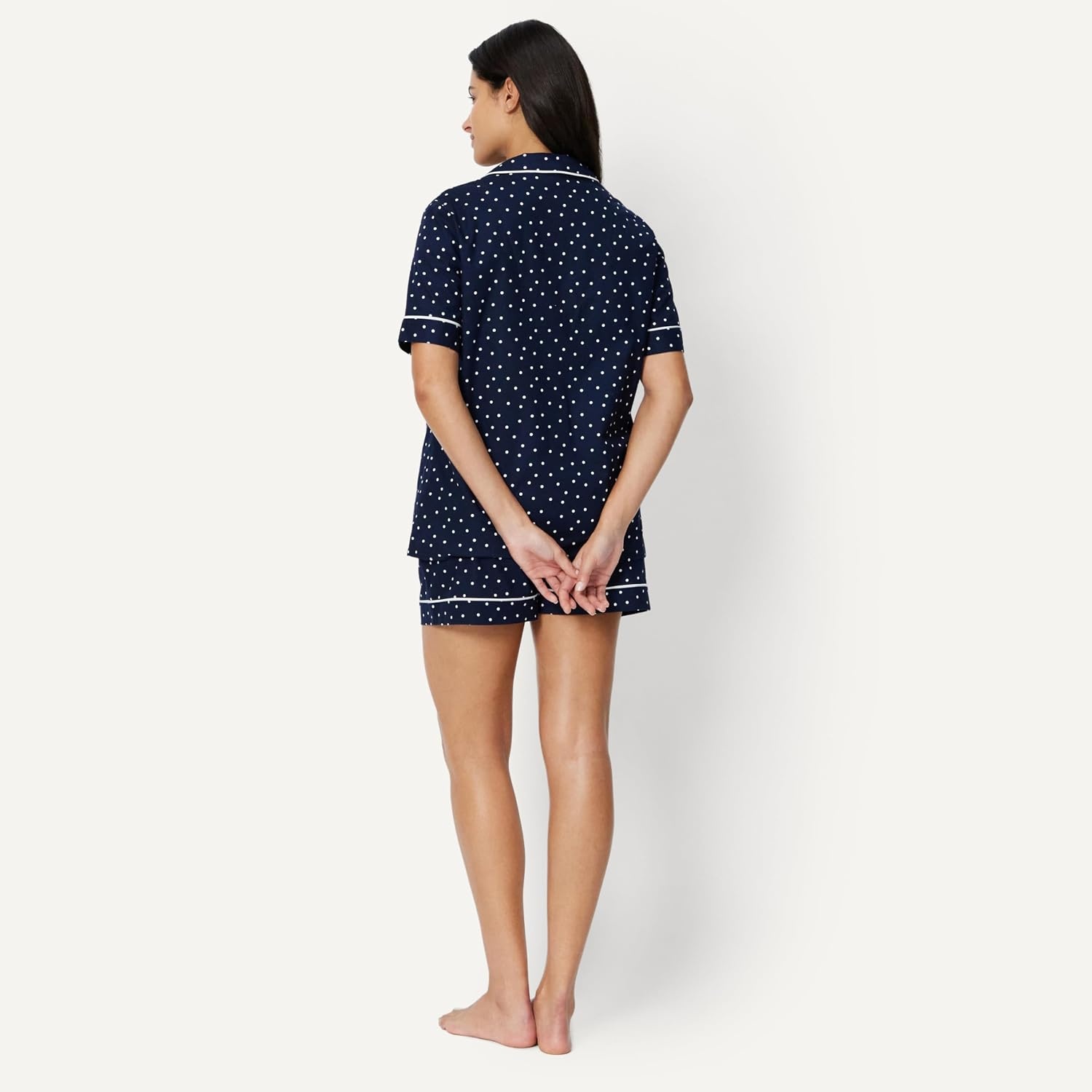 image:imageAmazon Essentials Womens Cotton Stretch Poplin Pajama Set Short Sleeve ButtonDown with ShortsNavy Ivory Dot