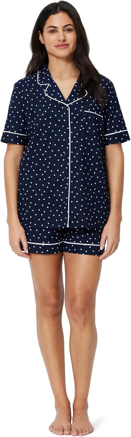 image:imageAmazon Essentials Womens Cotton Stretch Poplin Pajama Set Short Sleeve ButtonDown with ShortsNavy Ivory Dot