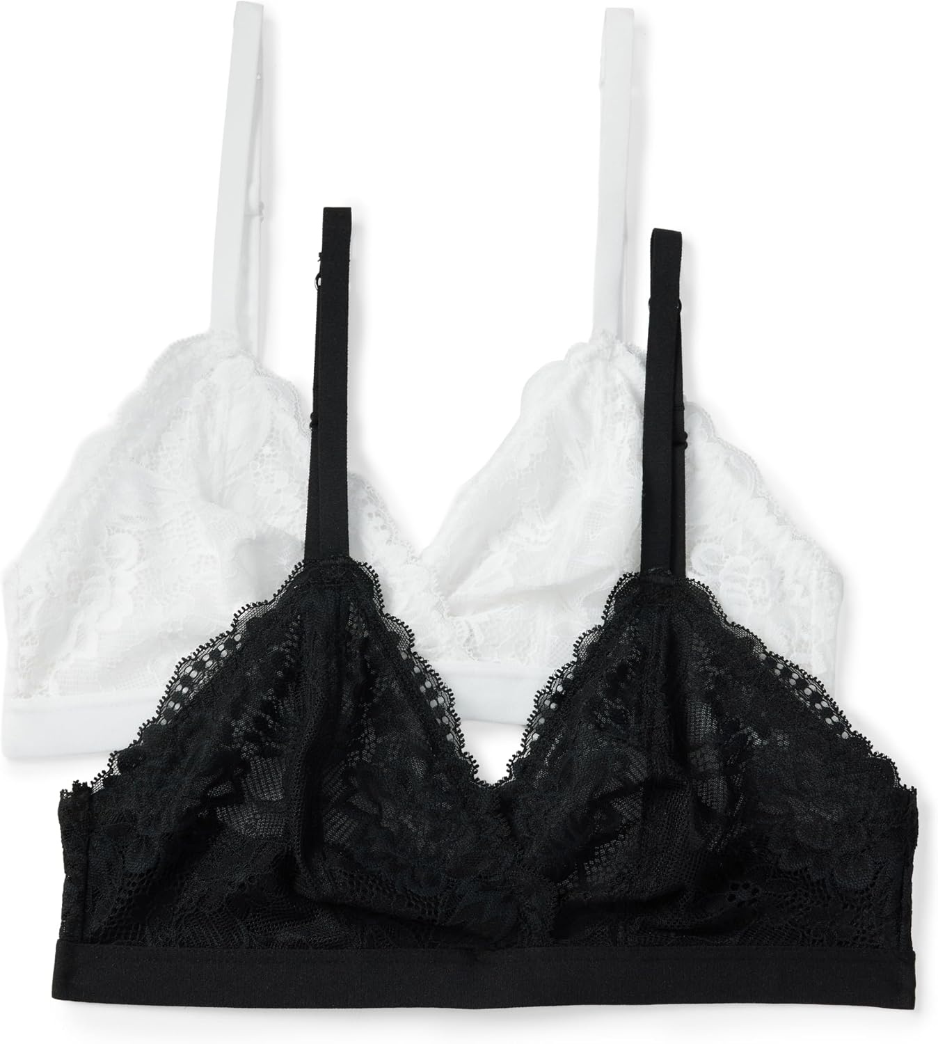 image:imageAmazon Essentials Womens Stretch Galloon Lace Unlined Triangle Bra Wireless Pack of 2Black White