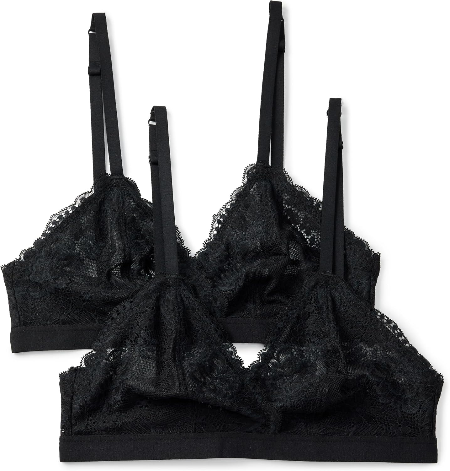 image:imageAmazon Essentials Womens Stretch Galloon Lace Unlined Triangle Bra Wireless Pack of 2Black