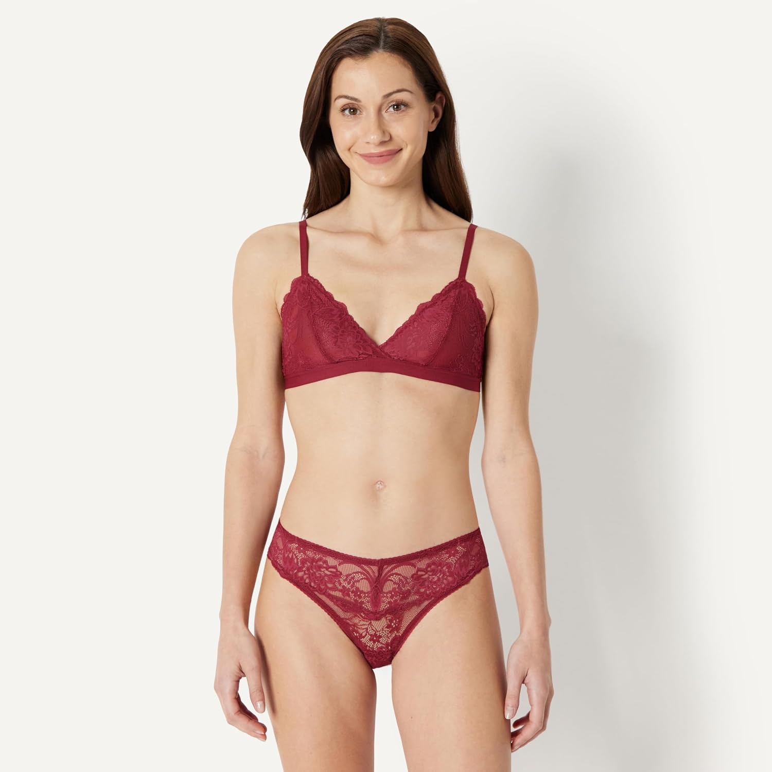 image:imageAmazon Essentials Womens Stretch Galloon Lace Unlined Triangle Bra Wireless Pack of 2Soft Petal Burgundy