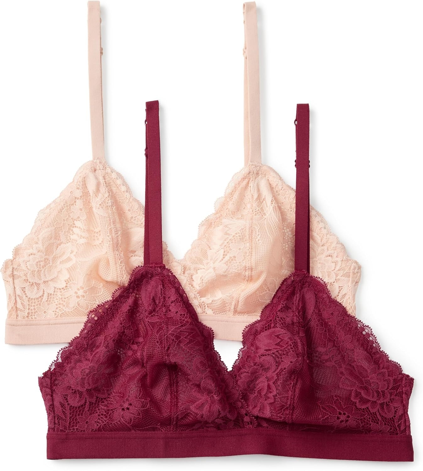 image:imageAmazon Essentials Womens Stretch Galloon Lace Unlined Triangle Bra Wireless Pack of 2Soft Petal Burgundy