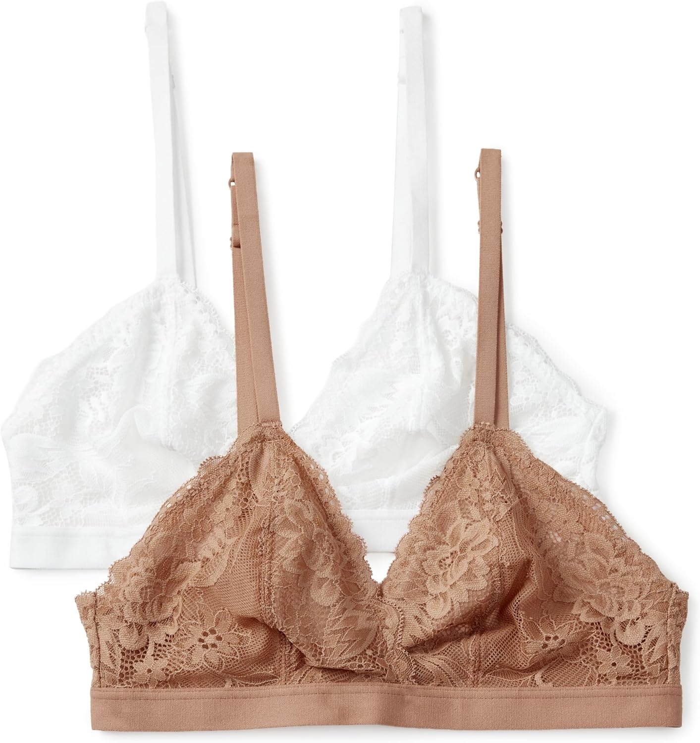 image:imageAmazon Essentials Womens Stretch Galloon Lace Unlined Triangle Bra Wireless Pack of 2White Washed Bronze