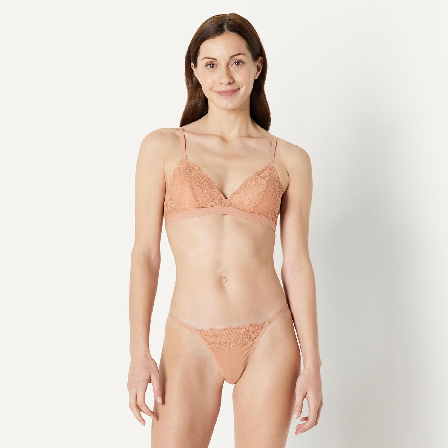 image:imageAmazon Essentials Womens Stretch Galloon Lace Unlined Triangle Bra Wireless Pack of 2White Washed Bronze