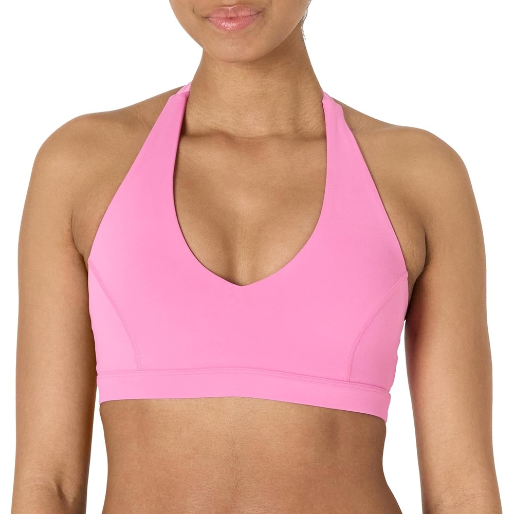 image:imageAmazon Essentials Womens Active FormFlex Buttery Soft Light Support Halter VNeck Sports BraPink