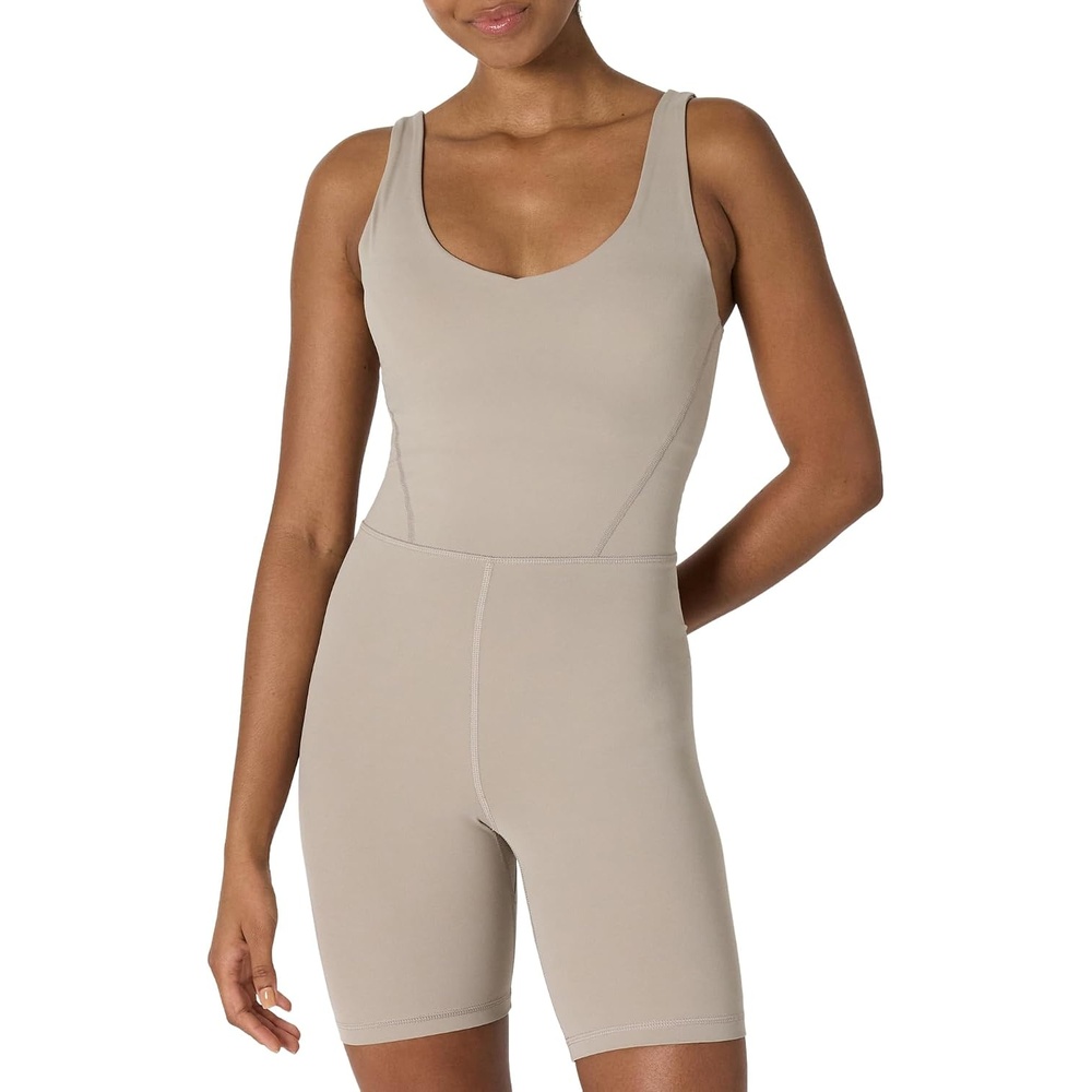 image:imageAmazon Essentials Womens Active Formflex Buttery Soft One Piece Shorts Romper Jumpsuit with BuiltIn BraTaupe