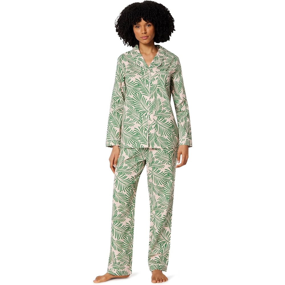 image:imageAmazon Essentials Womens Cotton Stretch Poplin Pajama Set Short Sleeve ButtonDown with ShortsLight Pink Palm Leaves