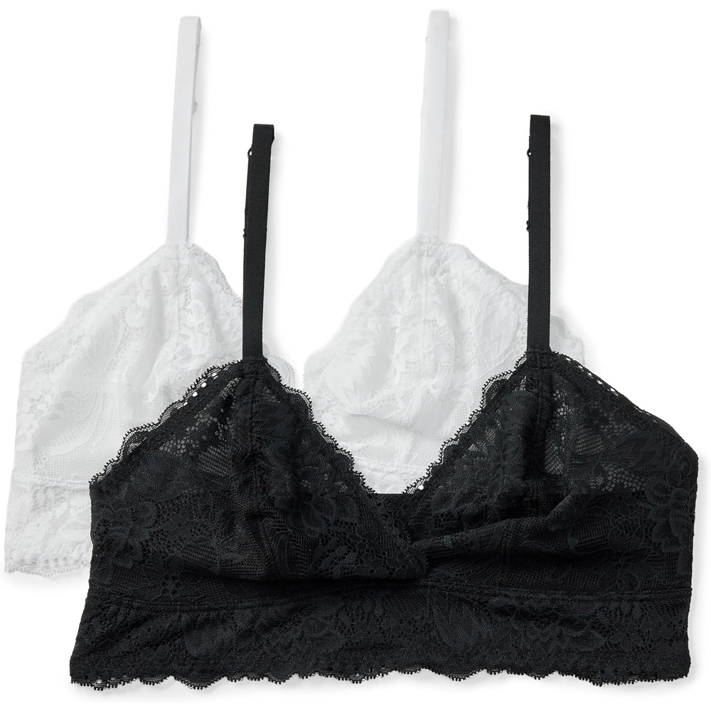 image:imageAmazon Essentials Womens Stretch Galloon Lace Unlined Triangle Bra Wireless Pack of 2Black White