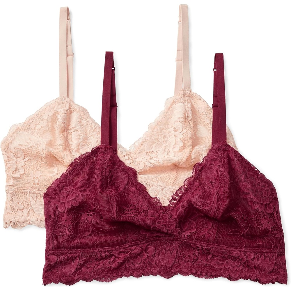 image:imageAmazon Essentials Womens Stretch Galloon Lace Unlined Triangle Bra Wireless Pack of 2Soft Petal Burgundy