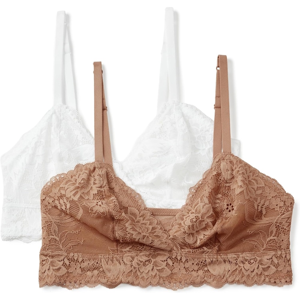 image:imageAmazon Essentials Womens Stretch Galloon Lace Unlined Triangle Bra Wireless Pack of 2White Washed Bronze