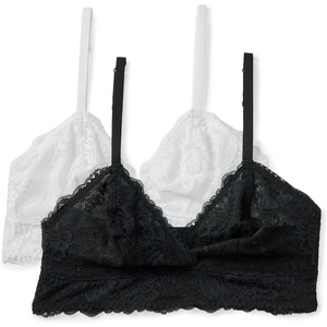Amazon Essentials Women’s Stretch Galloon Lace Unlined Triangle Bra, Wireless, Pack of 2(Black / White)