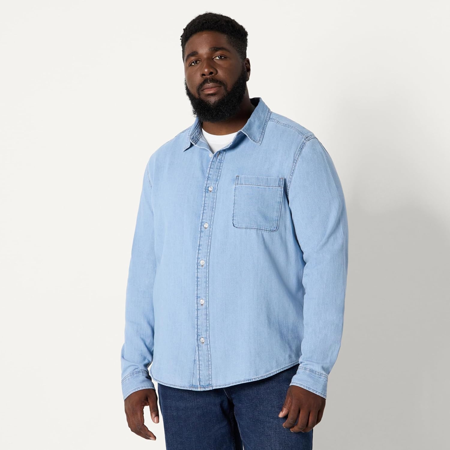 image:imageAmazon Essentials Mens RegularFit LongSleeve ButtonDown Denim ShirtLight Indigo Wash