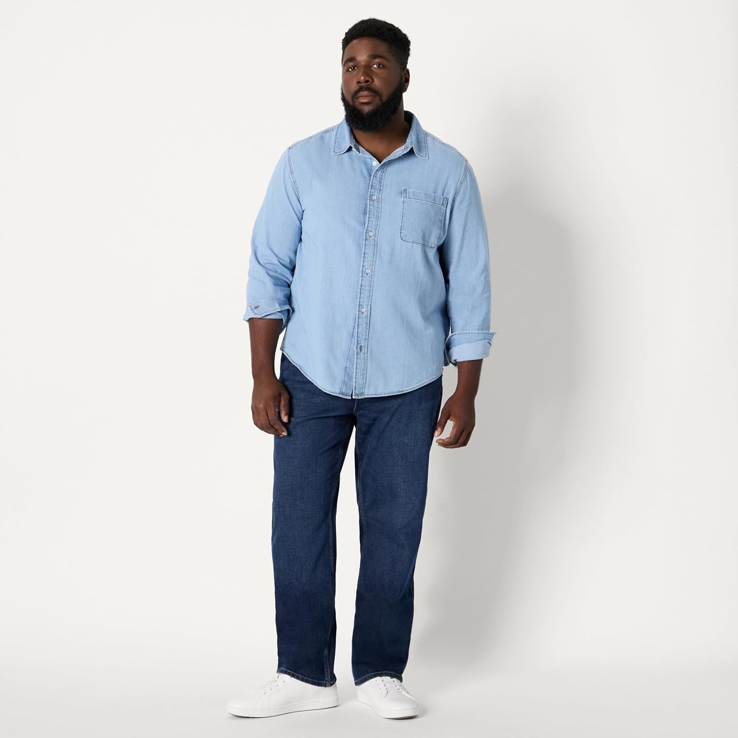 image:imageAmazon Essentials Mens RegularFit LongSleeve ButtonDown Denim ShirtLight Indigo Wash
