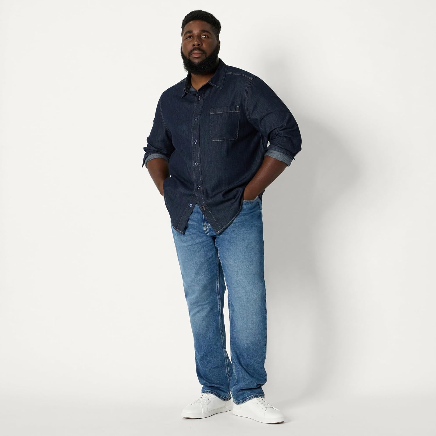image:imageAmazon Essentials Mens RegularFit LongSleeve ButtonDown Denim ShirtRinse
