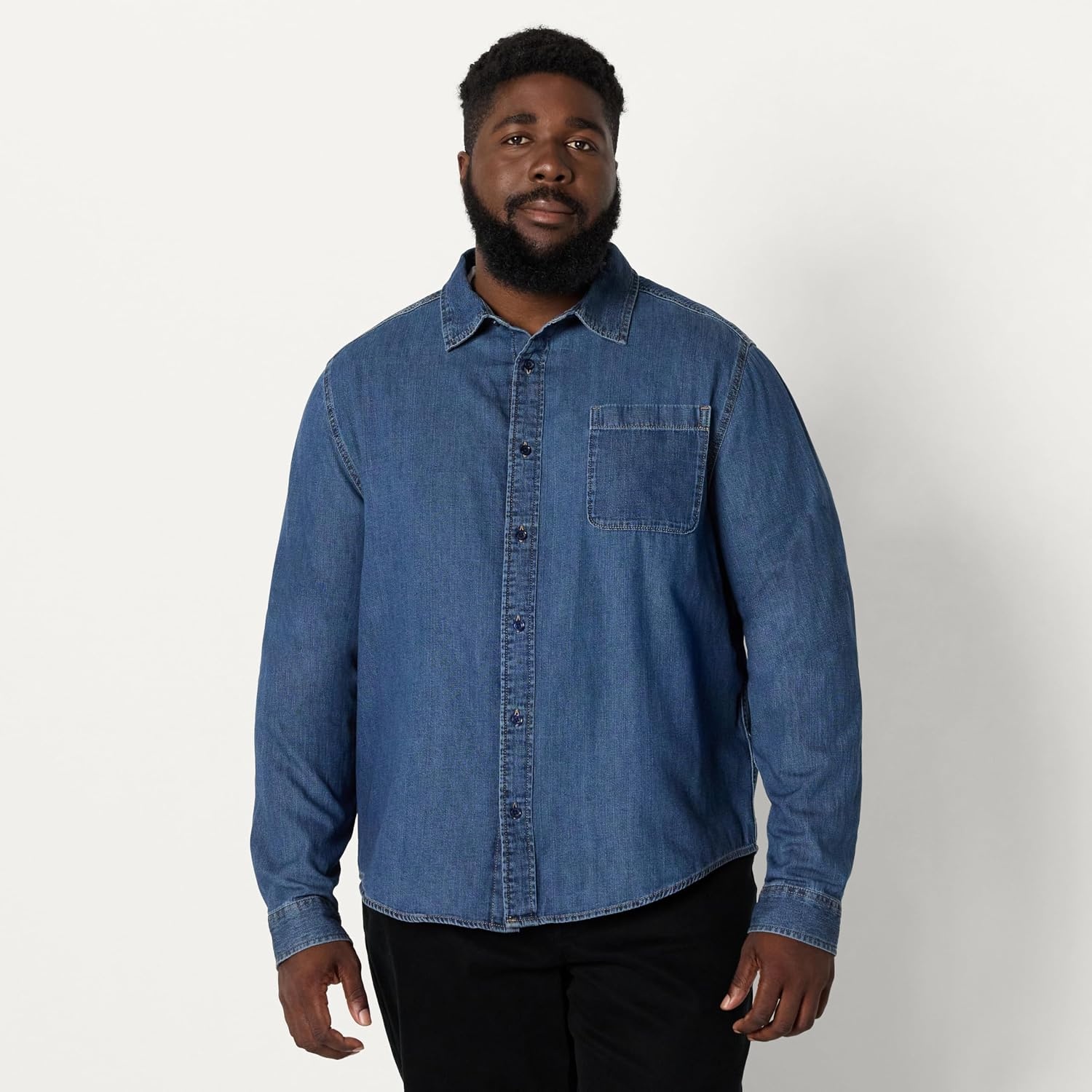 image:imageAmazon Essentials Mens RegularFit LongSleeve ButtonDown Denim ShirtStone Medium Wash