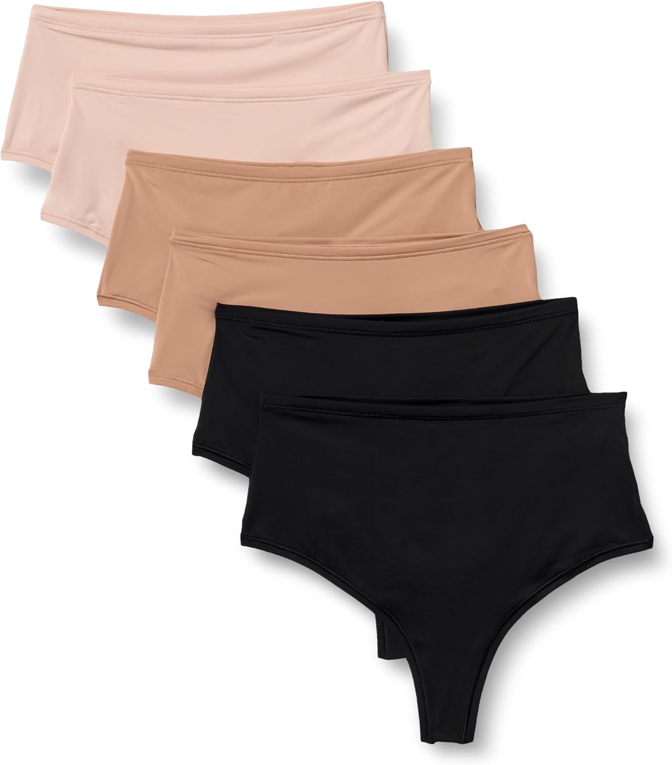 image:imageAmazon Essentials Womens Microfiber High Waisted Thongs Pack of 6Black Washed Bronze Soft Petal