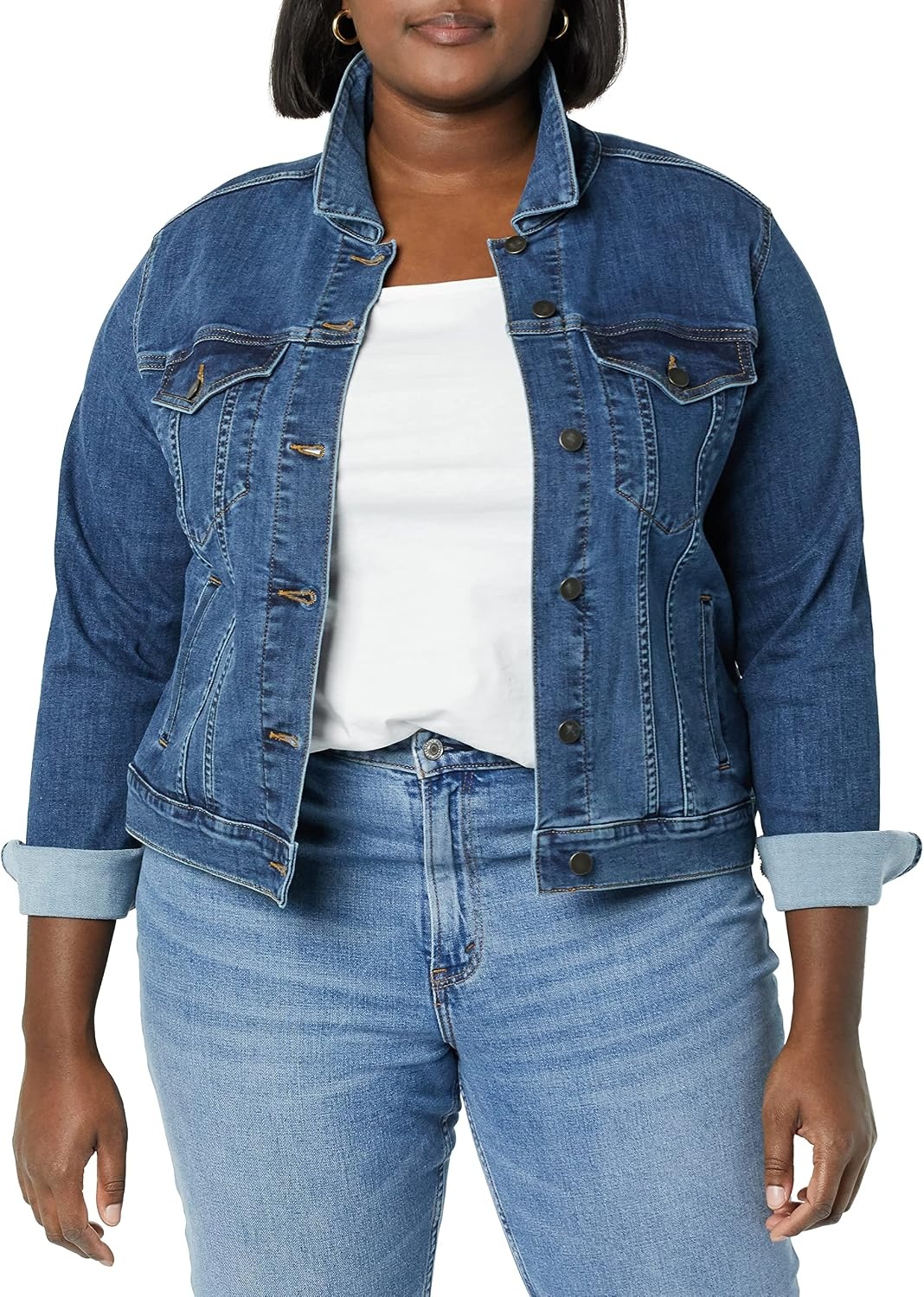 image:imageAmazon Essentials Womens RegularFit Denim Jean Jacket Available in Plus SizeMedium Wash