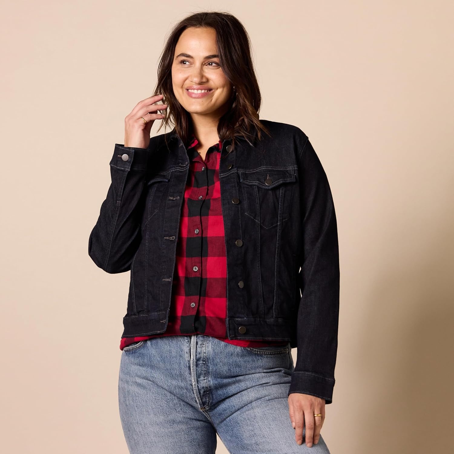 image:imageAmazon Essentials Womens RegularFit Denim Jean Jacket Available in Plus SizeRinse Wash
