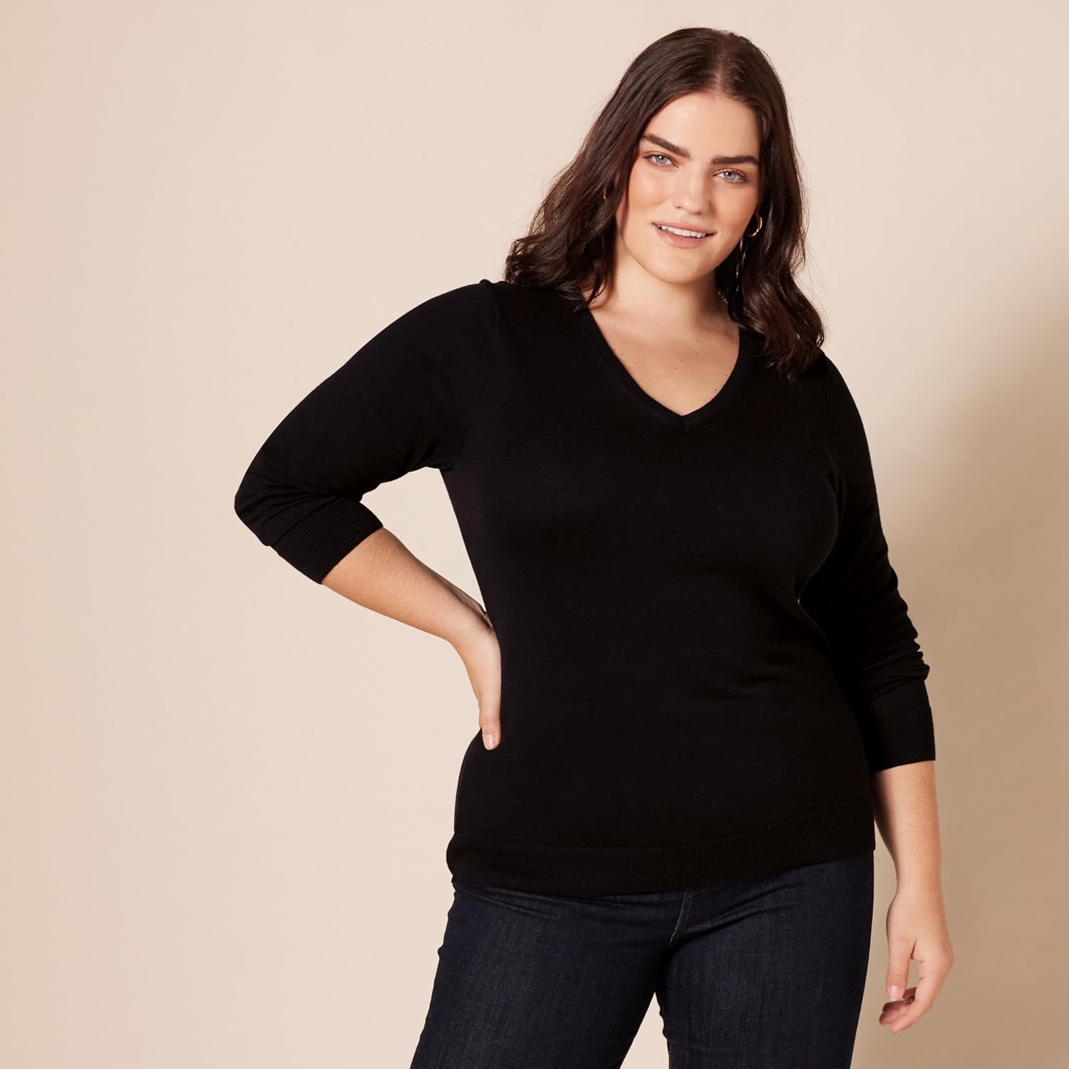 image:imageAmazon Essentials Womens RegularFit Lightweight LongSleeve VNeck Sweater Ribbed Cozy Soft Available in Plus SizeBlack