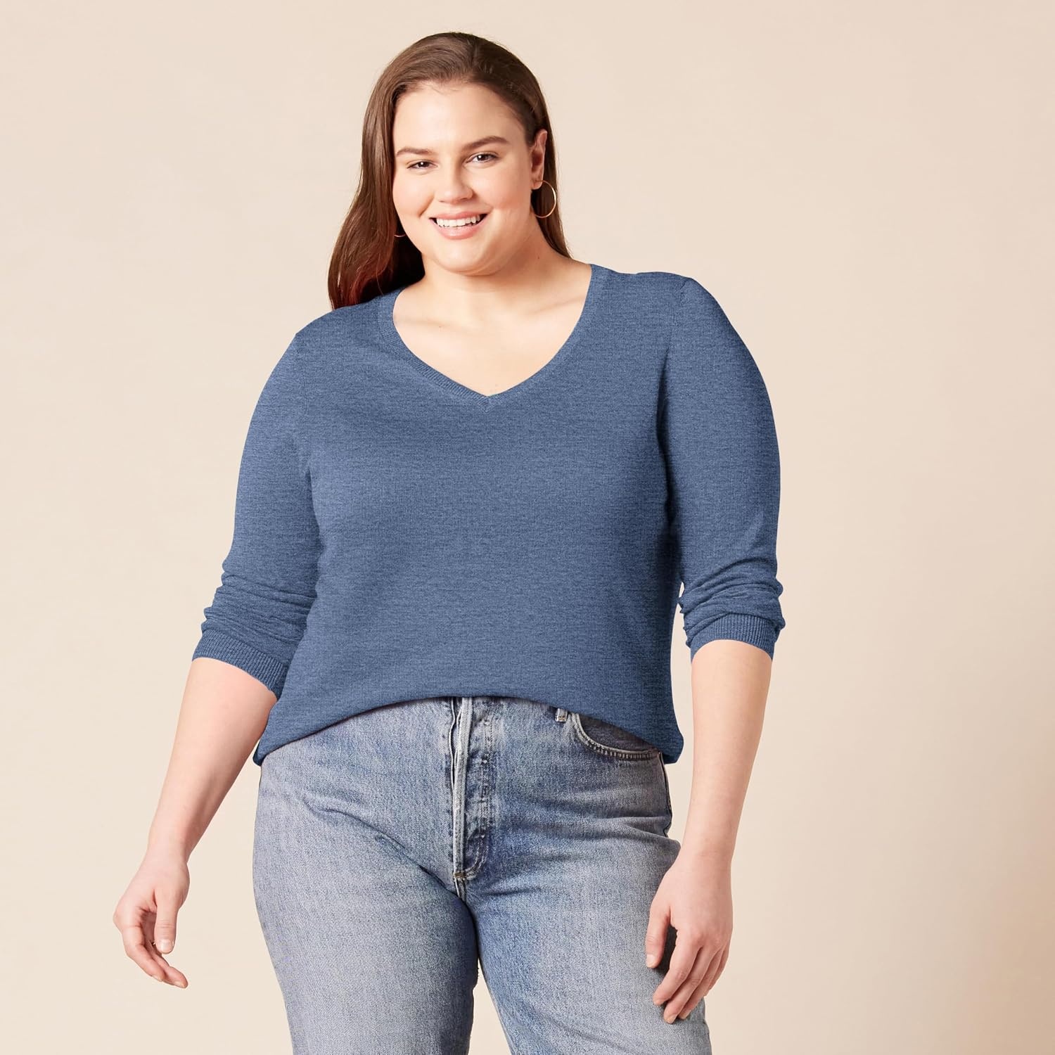 image:imageAmazon Essentials Womens RegularFit Lightweight LongSleeve VNeck Sweater Ribbed Cozy Soft Available in Plus SizeBlue Heather