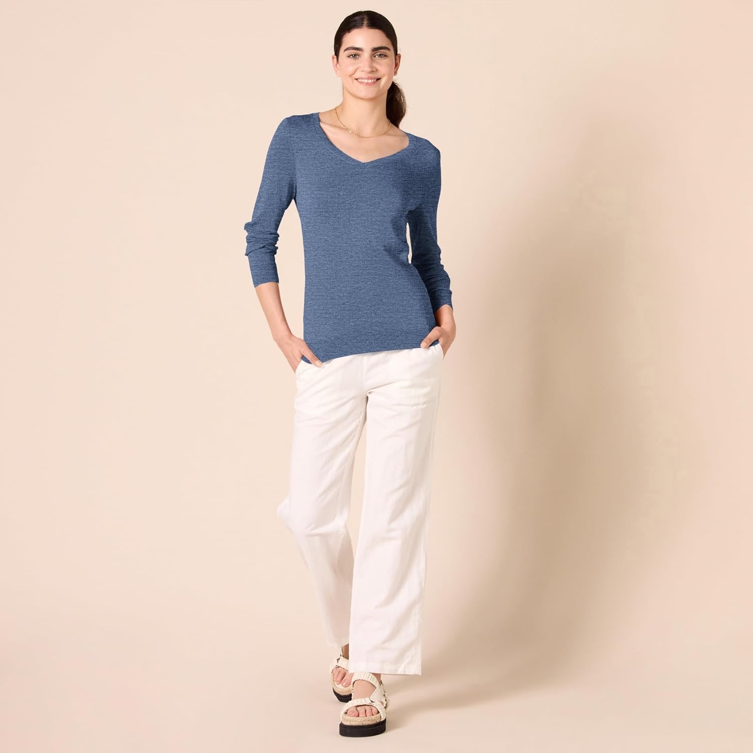 image:imageAmazon Essentials Womens RegularFit Lightweight LongSleeve VNeck Sweater Ribbed Cozy Soft Available in Plus SizeBlue Heather