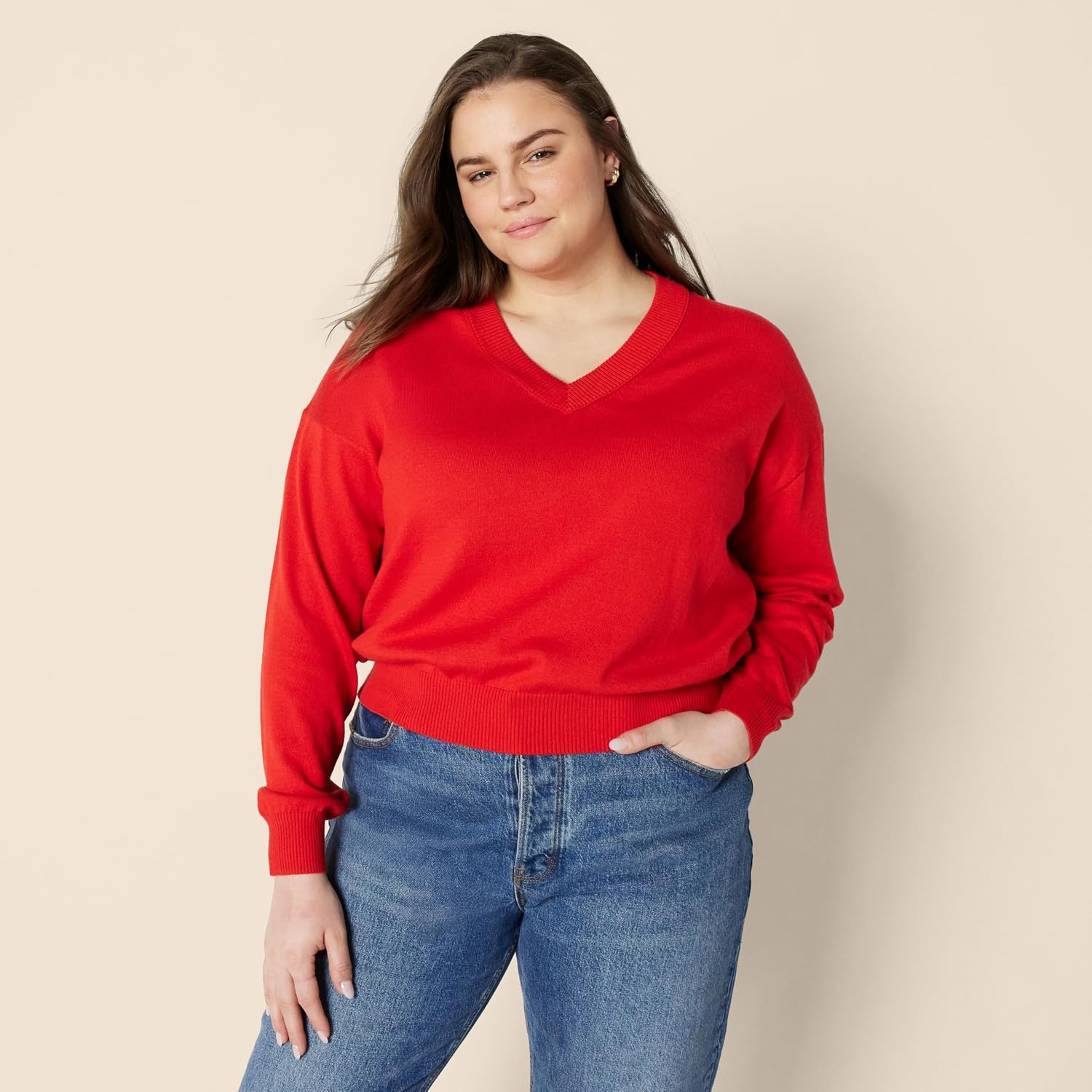 image:imageAmazon Essentials Womens RegularFit Lightweight LongSleeve VNeck Sweater Ribbed Cozy Soft Available in Plus SizeBright Poppy Red