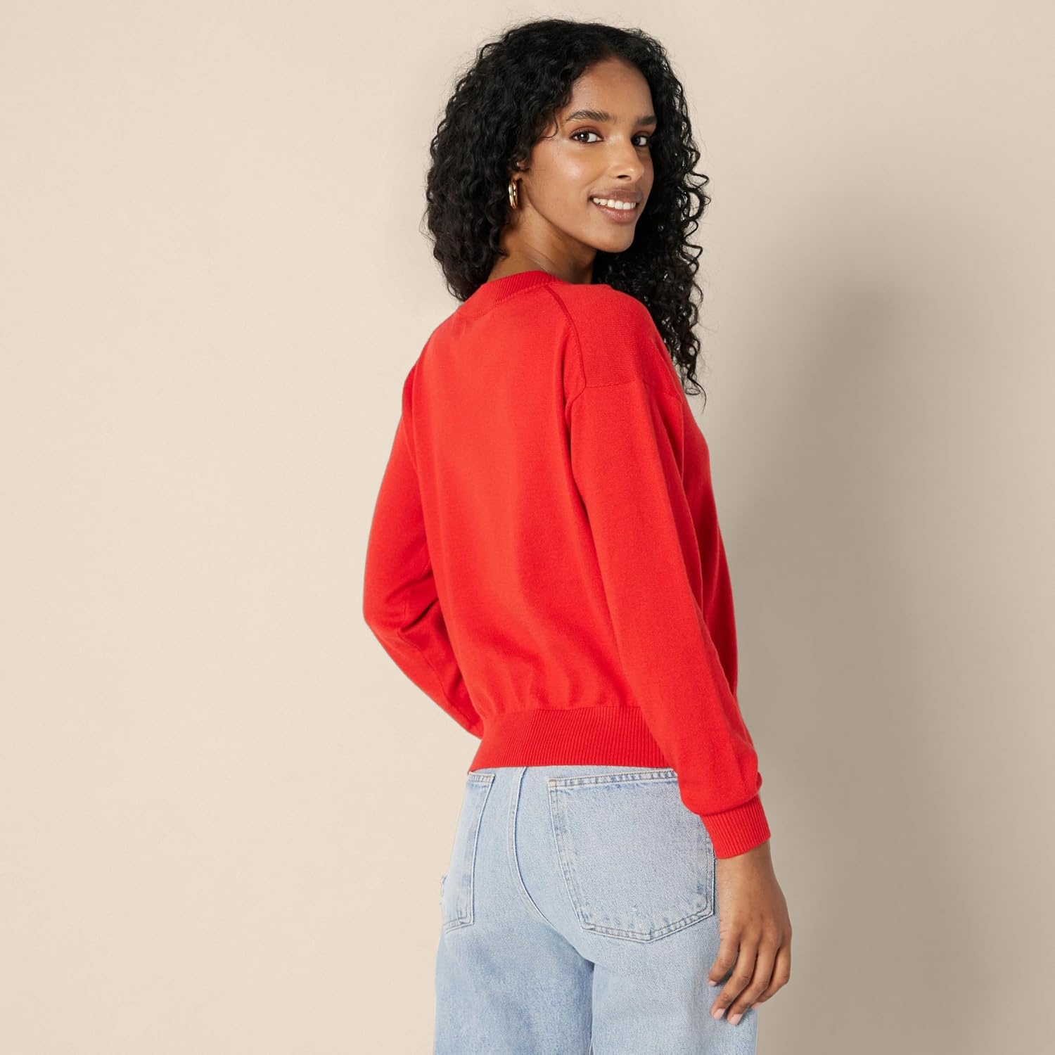 image:imageAmazon Essentials Womens RegularFit Lightweight LongSleeve VNeck Sweater Ribbed Cozy Soft Available in Plus SizeBright Poppy Red