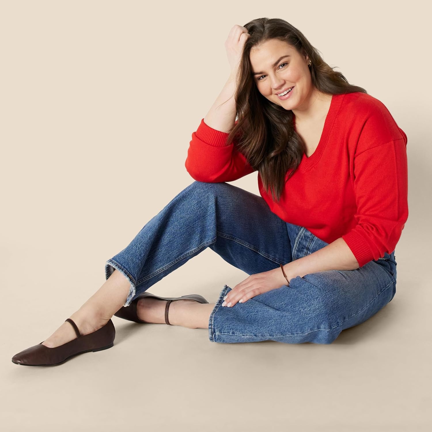 image:imageAmazon Essentials Womens RegularFit Lightweight LongSleeve VNeck Sweater Ribbed Cozy Soft Available in Plus SizeBright Poppy Red