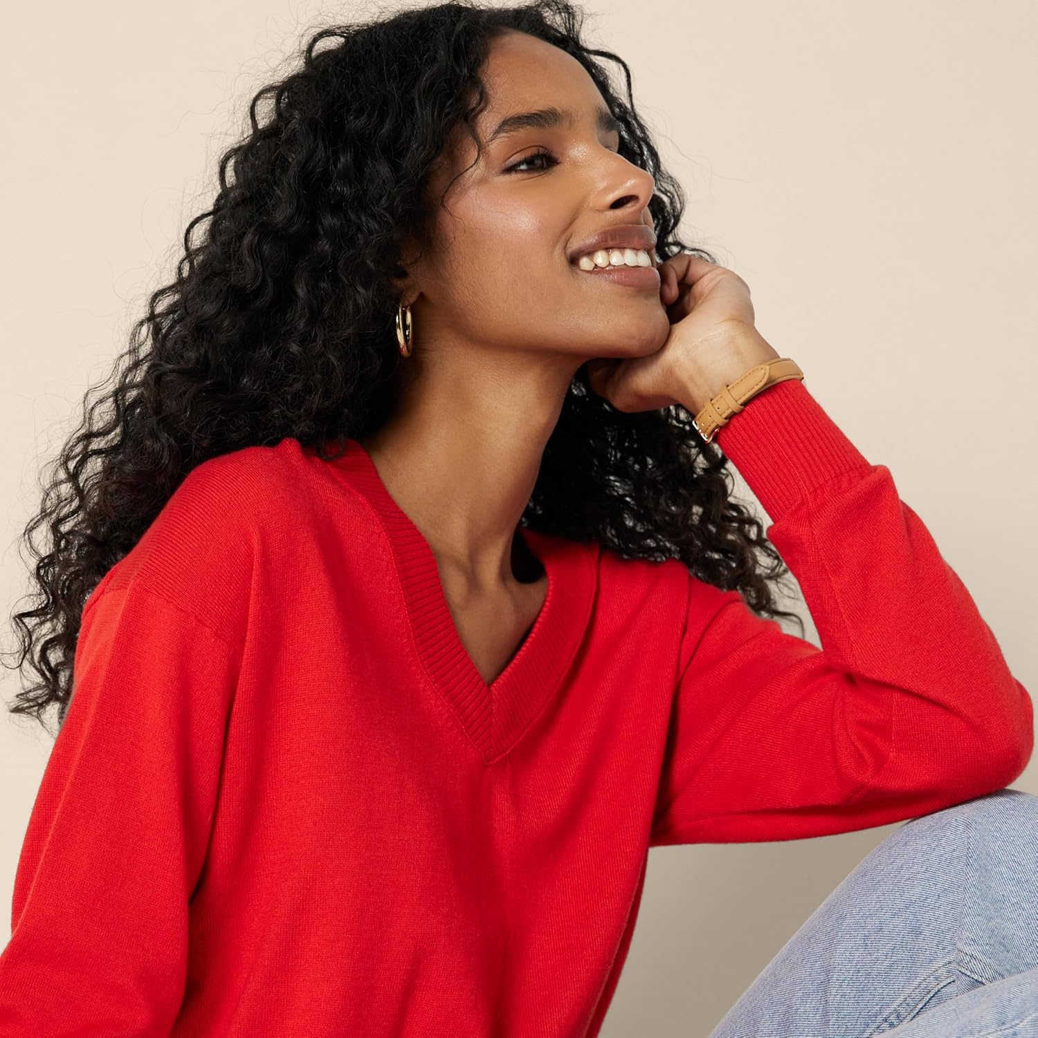 image:imageAmazon Essentials Womens RegularFit Lightweight LongSleeve VNeck Sweater Ribbed Cozy Soft Available in Plus SizeBright Poppy Red