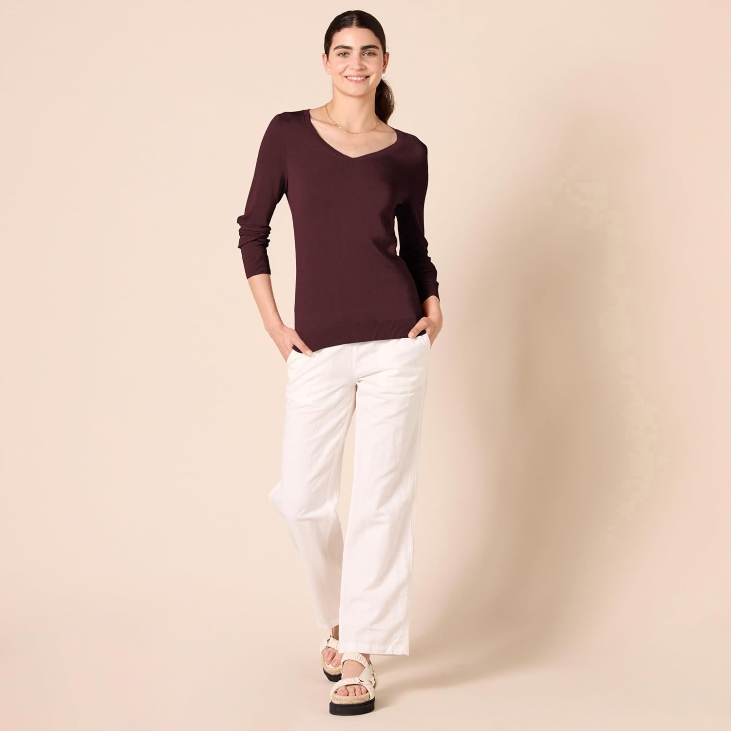 image:imageAmazon Essentials Womens RegularFit Lightweight LongSleeve VNeck Sweater Ribbed Cozy Soft Available in Plus SizeBurgundy