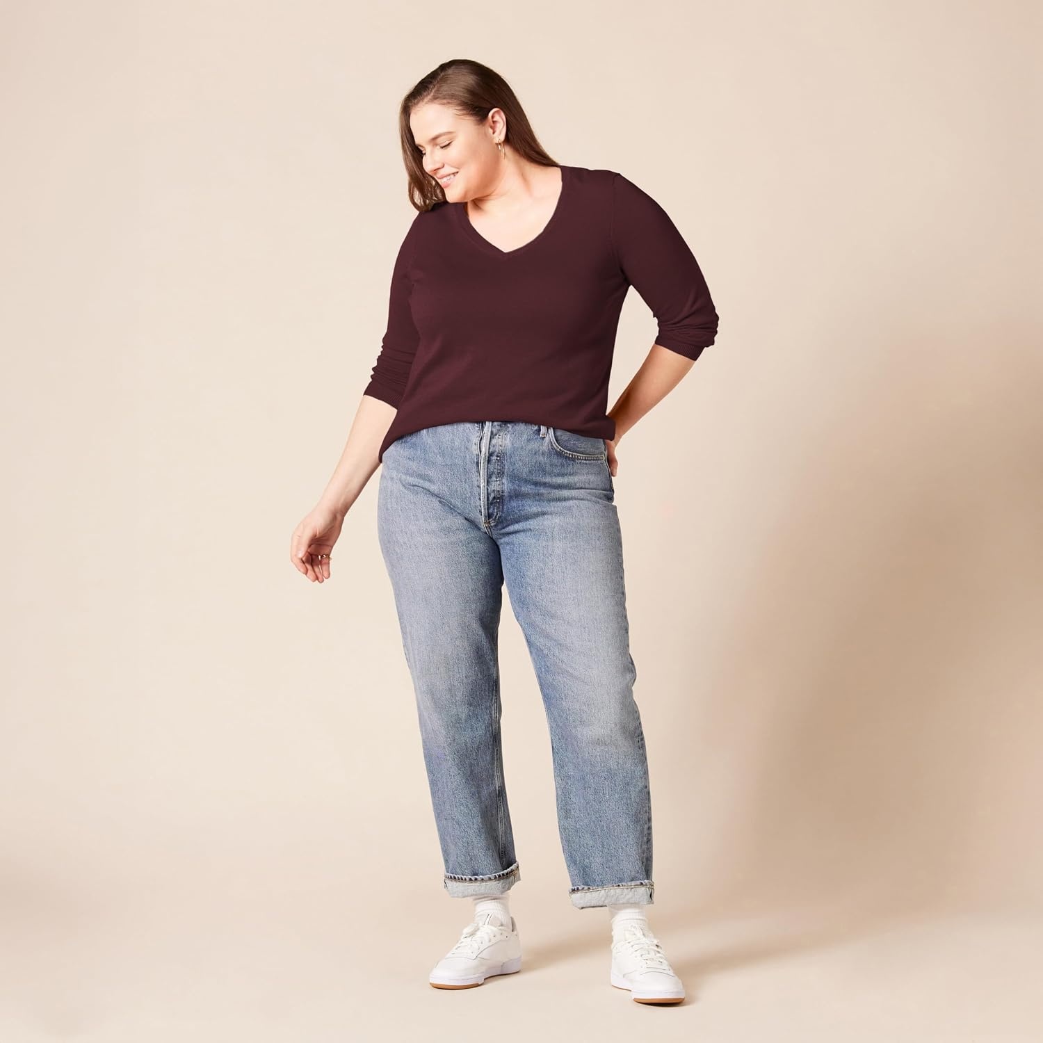image:imageAmazon Essentials Womens RegularFit Lightweight LongSleeve VNeck Sweater Ribbed Cozy Soft Available in Plus SizeBurgundy